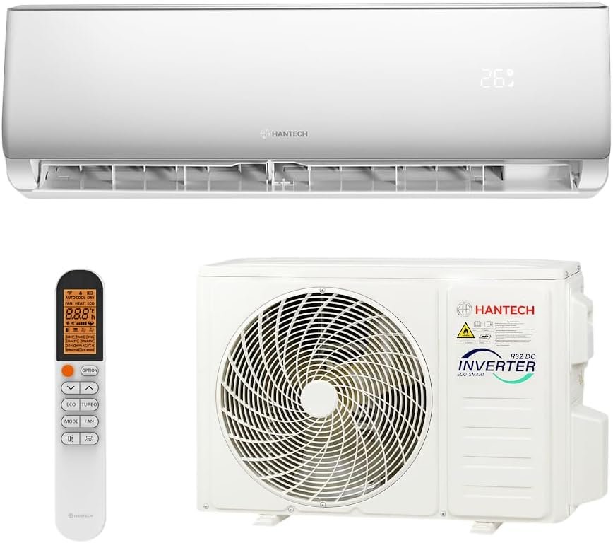 HANTECH Split Klimaanlage 9000 BTU 2,6 kW Inverter Set - Klimagerät mit App-Funktion zum Kühlen und Heizen – Modell Elegant (bis 30m²)