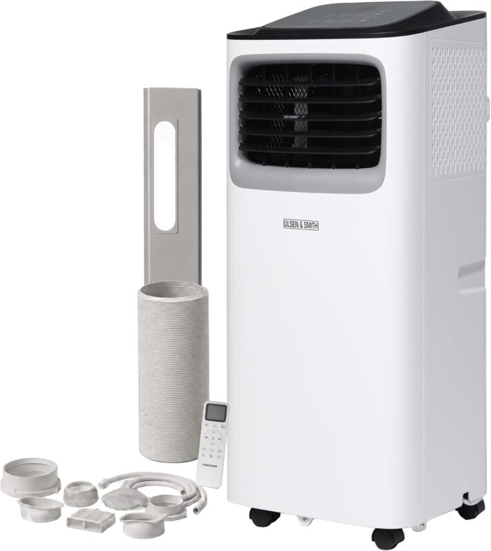 Olsen & Smith 9000 BTU Mobile Klimaanlage & Luftentfeuchter - 3-in-1 Klimagerät mit Abluftschlauch, Schiebefenster-Adapter, 24h-Timer & Fernbedienung - Leise Klimaanlage für Schlafzimmer & Büro, Weiß