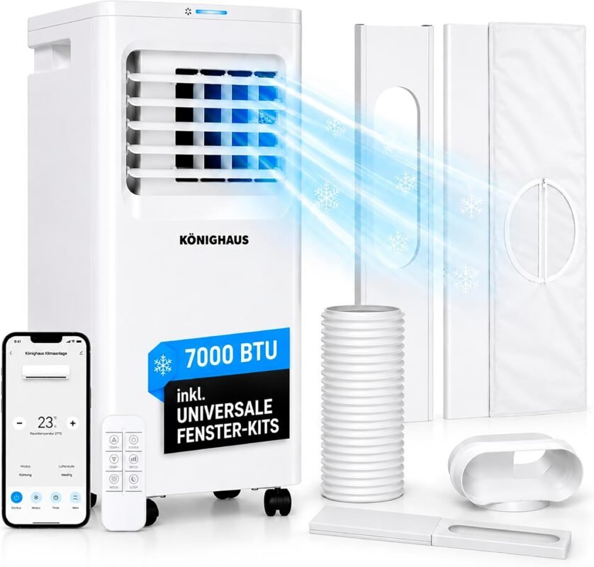 Könighaus Smarte EU Mobile Klimaanlage 7000 BTU – für deutsche Kippfenster geeignet - Kühlung, Entfeuchtung, Ventilator und Luftreinigung – energieeffizient (A) – inkl. Fernbedienung und App