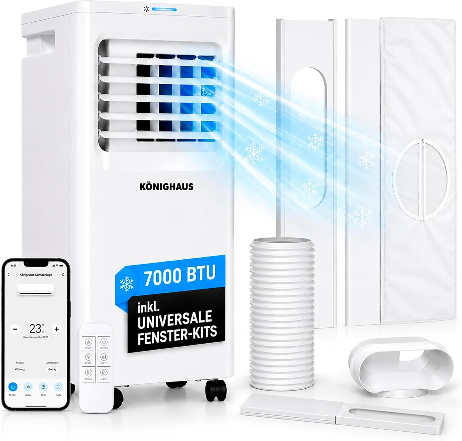 71-ZRP4pHaL._AC_SL1500 Könighaus Smarte EU Mobile Klimaanlage 7000 BTU – für deutsche Kippfenster geeignet - Kühlung, Entfeuchtung, Ventilator und Luftreinigung – energieeffizient (A) – inkl. Fernbedienung und App