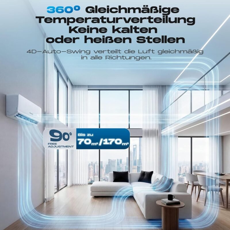 Split Klimaanlage 12000 BTU，4-in-1-Kältegerät mit Heizen, Kühlen, Entfeuchten und Lüften, bis70 m², ultraleise, Fernbedienung & APP, 24h-Timer/Schlaf/ECO-Energiesparmodus, inkl. Montagematerial