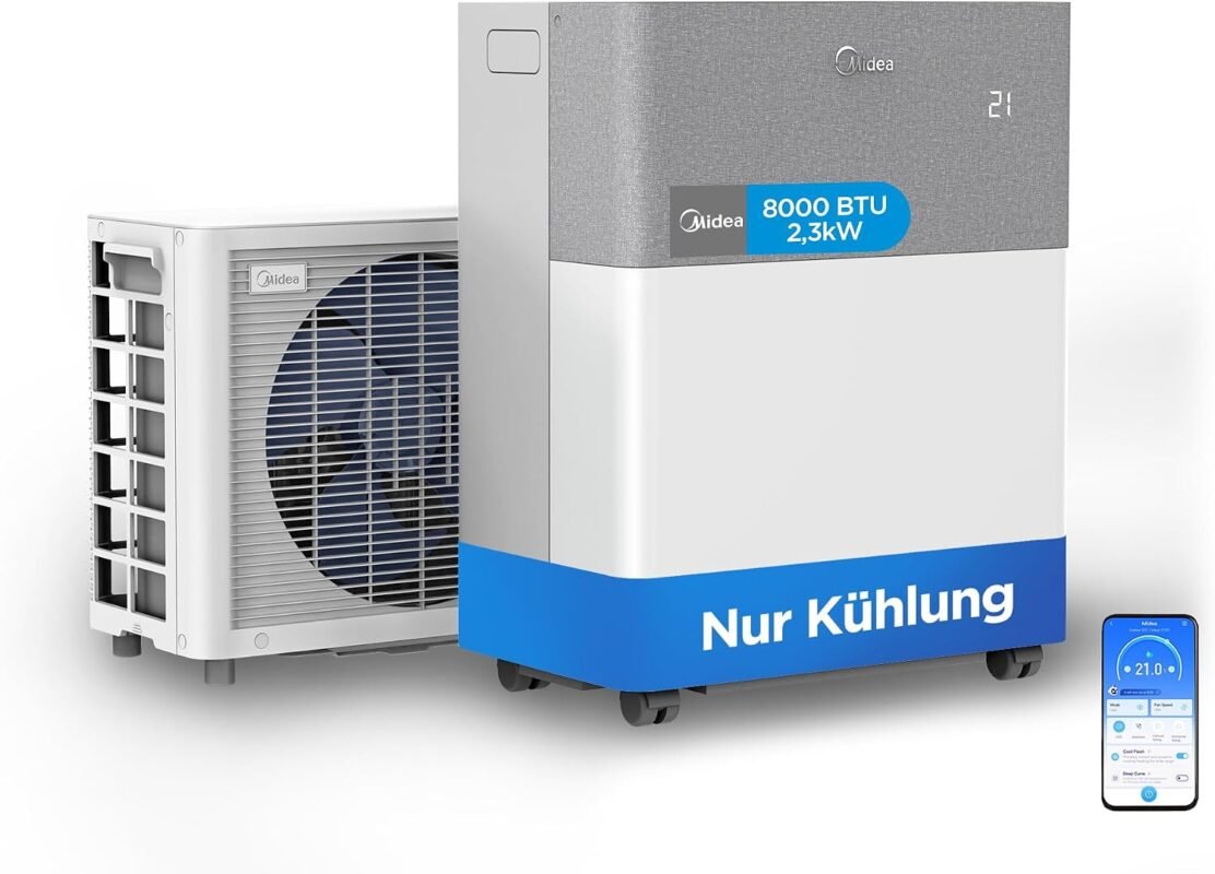 Midea Portasplit Cool Mobile Klimaanlage, nur Kühlung, A++, 8000 BTU 2, 3kW, für Räume bis zu 28 m² / 70 m³, nur 38 dB(A) im Silent-Modus