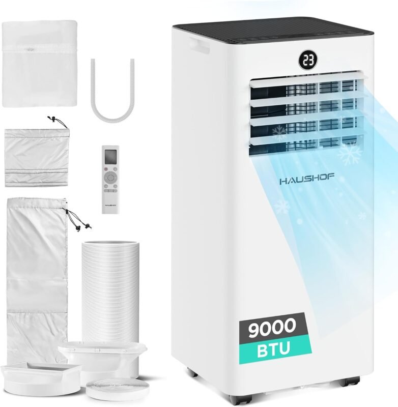 HAUSHOF Mobile Klimaanlage 9000 BTU, 4-in-1 Klimagerät mit Abluftschlauch & Isolierhülle, Kühlen/Entfeuchten/Ventilieren/Nachtmodus, 330 m³/h, mit Fensterdichtungsset, für Räume bis 30 m²