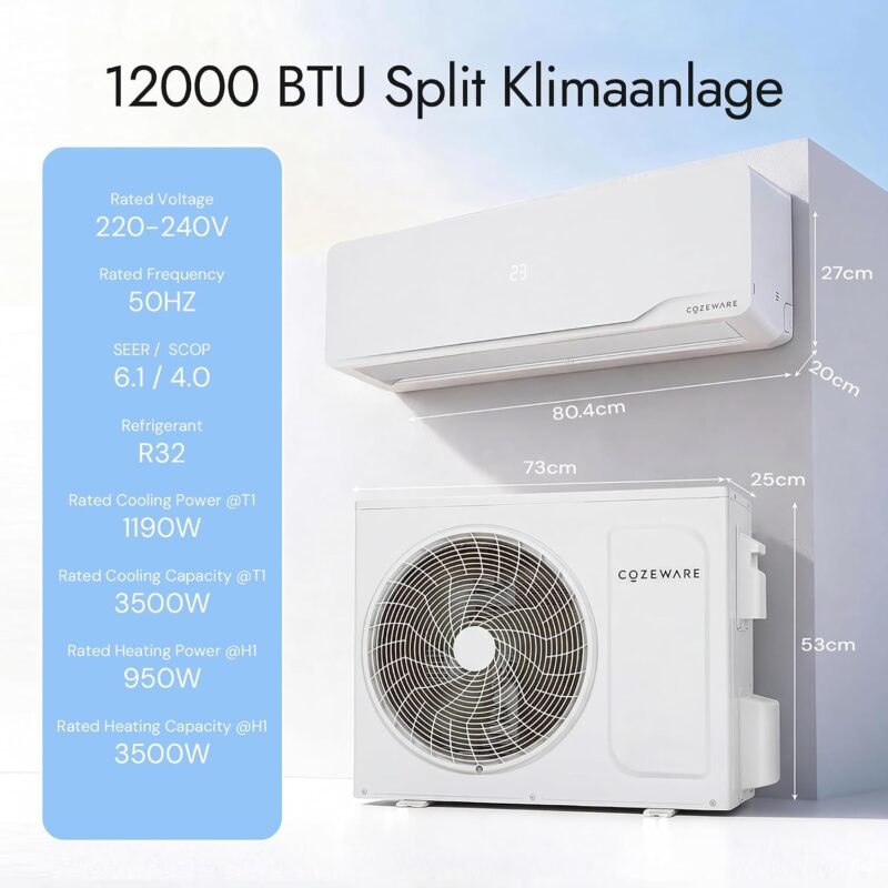 Split Klimaanlage, 12000 BTU / 3,500 W | WLAN/APP Funktion Klimagerät, Kühlen A++/Heizen A+, Kältemittel R32, bis 45-60m², sehr leise, Fernbedienung, Montagematerial