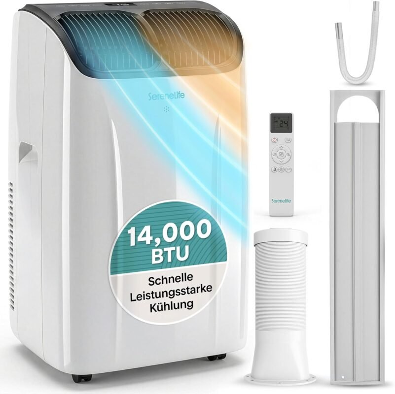 SereneLife Klimaanlage Mobil 14.000 BTU mit Heizfunktion – Kleine Klimaanlage für Zimmer bis 32 m² | Kühlen, Heizen, Entfeuchter & Ventilator | 51 dB | Grau