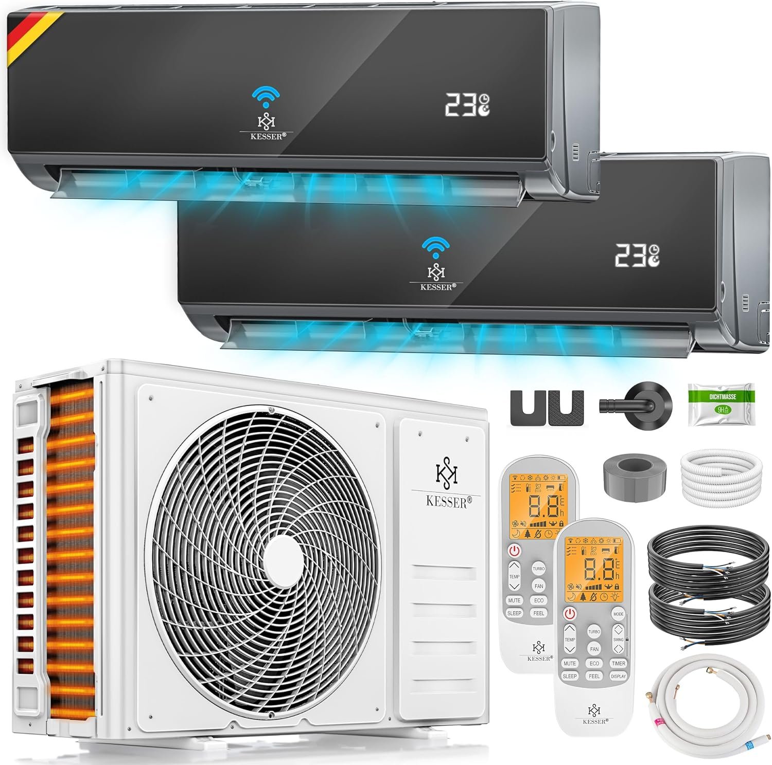 81I3jR8mZiL._AC_SL1500 KESSER® Multisplit Klimaanlage 2 Innengeräte, 18000 BTU, Split Klimagerät Set mit WiFi/App, Heizen & Kühlen, Inverter, Eco-Modus, Luftentfeuchter & Ventilator, sehr leise, R32, Montagematerial