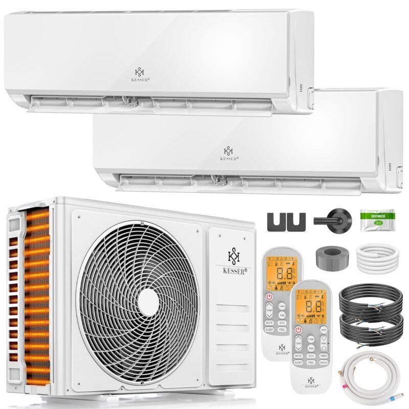 KESSER® Multisplit Klimaanlage 3 Innengeräte, 27000 BTU, Split Klimagerät Set mit WiFi/App, Heizen & Kühlen, Inverter, Eco-Modus, Luftentfeuchter & Ventilator, sehr leise, R32, Montagematerial